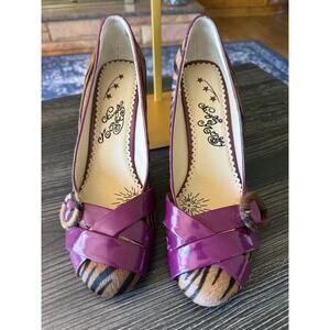 Vintage Naughty Monkey Purple Animal Print Heels with Mini Buckle Sz. 9.5
